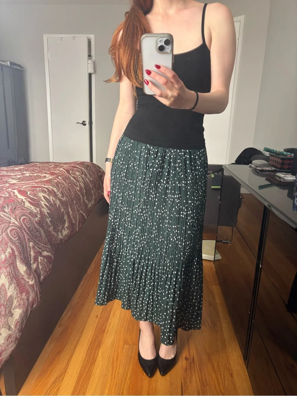 Polka Dot Pleated Midi Skirt - Dark Green